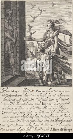 Pandora shows the opened box to her husband Epimetheus. From the box fly the virtues and vices enclosed by Jupiter. Next to Pandora, Mercury kneels. He holds his staff in his left hand. Below the image a ten-line explanation of the depiction., Pandora and Epimetheus, print maker: Pieter Serwouters, Amsterdam, 1601 - 1657, paper, engraving, h 116 mm × w 55 mm Stock Photo