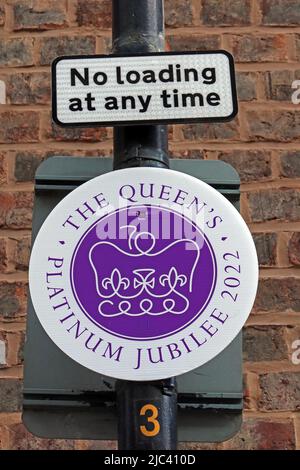 No Loading at any time - Celebrating the Queens Platinum Jubilee 2022 signs, in Altrincham town centre, Trafford, Greater Manchester, England, UK Stock Photo