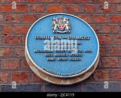 Ronald Gow Dramatist 1898-1910, blue plaque,  Married actress Dame Wendy Hiller, Altrincham, Cheshire, England, WA14 Stock Photo