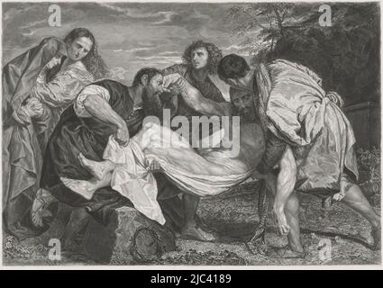 The Entombment of Christ. The body of Christ is carried to the tomb by Joseph of Aritmathea, Nicodemus and a third disciple. John supports the Virgin Mary., Burial of Christ, print maker: Johannes de Mare, after: Titiaan, Paris, 15-Apr-1847 - 15-Apr-1849, paper, engraving, etching, h 377 mm × w 473 mm Stock Photo