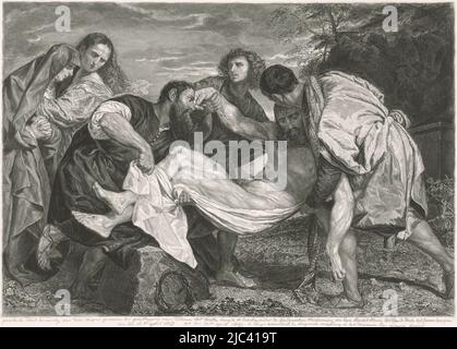 The Entombment of Christ. The body of Christ is carried to the tomb by Joseph of Aritmathea, Nicodemus and a third disciple. John supports the Virgin Mary., Burial of Christ, print maker: Johannes de Mare, after: Titiaan, Paris, 15-Apr-1847 - 15-Apr-1849, paper, engraving, etching, h 376 mm × w 472 mm Stock Photo