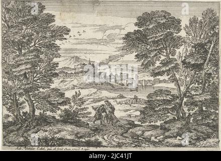 Landscape with a man walking on a winding path next to a woman with a child sitting on a donkey, in the background a shepherd with flock and a view of a town along a river. Sixth print in the series six, Flight into Egypt Landscapes with Shepherds (series title), print maker: Adriaen van der Kabel, (mentioned on object), Adriaen van der Kabel, (mentioned on object), Lodewijk XIV (koning van Frankrijk), (mentioned on object), France, (possibly), 1648 - 1705, paper, etching, h 152 mm × w 222 mm Stock Photo
