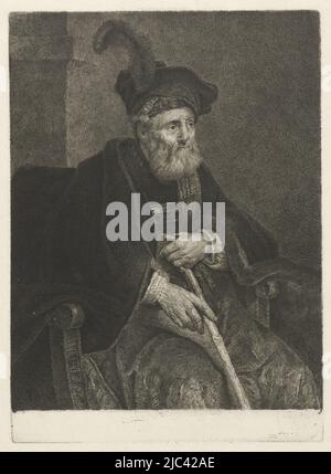 Portrait of an unknown old man in an armchair. Knee piece, seated turned to the right. His hands clasp a walking stick. The man is wrapped in a fur-lined cloak, his head adorned with a feathered hat., Portrait of an Unknown Old Man in a Chair, print maker: Johannes Pieter de Frey, after: Philips Koninck, 1797, paper, etching, h 209 mm × w 151 mm Stock Photo