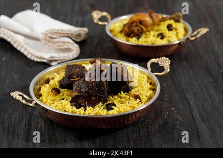 Mutton Biryani Spicy Indian Malabar Hyderabadi or Dum Biriyani Pulao from Kerala India Sri Lanka Pakistan. Basmati Rice Mixed Rice Dish Lamb Meat Curr Stock Photo