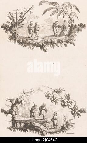 Top: A Chinese child, accompanied by two other children, aims a blowgun at a circular shooting board. Below: Two Chinese children hopscotch on a narrow platform, a third child watches them. Surrounding both representations is a frame with trees, Children with blowpipe and hopscotch children Recueil de Plusieurs Jeux d'Enfants Chinois (series title), print maker: Pierre Charles Canot, Jean Baptiste Pillement, (mentioned on object), publisher: Charles Leviez, publisher: Paris, publisher: London, 26-Dec-1759, paper, etching, h 428 mm × w 276 mm Stock Photo