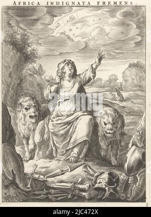 Female personification of continent Africa as woman with lion skin sitting between lions. She gestures to the sky where zodiac signs are visible, expressing her indignation, according to the title. In the foreground is a suit of armor, Female personification of continent Africa as lion-skinned woman sitting between lions Africa indignata fremens (title on object) Four continents (series title), print maker: Cornelis van Dalen (II), publisher: Claes Jansz. Visscher (II), Amsterdam, 1648 - 1664, paper, etching, engraving, h 226 mm × w 168 mm Stock Photo