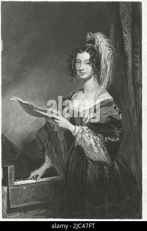 A lady in front of a keyboard on which she holds her right hand, with a sheet of paper in the other hand., Lady in front of a keyboard, print maker: Johannes de Mare, Charles Robert Leslie, 1816 - 1889, paper, steel engraving, h 371 mm × w 254 mm Stock Photo