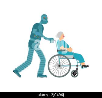 Robot nurse for pensioners. Cyborg helper helps a disabled person on a wheelchair Stock Vector