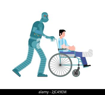 Robot and wheelchair. Cyborg helper helps a disabled person on a wheelchair Stock Vector