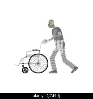 Robot helper pushing a wheelchair isolated. Cyborg assistant helps a disabled person on a wheelchair Stock Vector