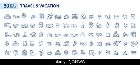 Big set of travel and vacation related icons. Plane trip, beach holiday, camping and others. Pixel perfect, editable stroke line Stock Vector