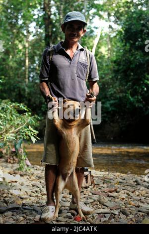 A man is photographed with his dog during a community assignment to clean water source and water installation that lies deep in the forest. The installation supplies freshwater to the Dayak Iban community living at the longhouse in Sungai Utik, Batu Lintang, Embaloh Hulu, Kapuas Hulu, West Kalimantan, Indonesia. Stock Photo