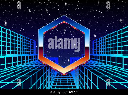 Synthwave frame with chrome hexagon and 80s styled synthwave arcade game landscape. Stock Vector