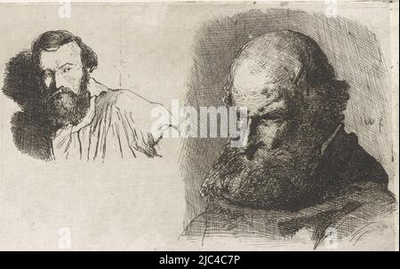 Two representations on one plate. On the left a study of a middle aged man with a beard and on the right a study of a bearded old man, possibly a monk in a habit, Study of an old man Study of two men's heads, print maker: Jan Weissenbruch, (mentioned on object), The Hague, (possibly), 1837 - 1880, paper, etching, h 85 mm × w 140 mm Stock Photo