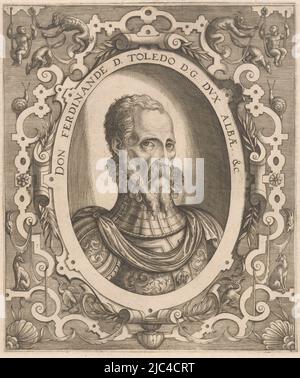 A portrait of Fernando Ãlvarez de Toledo, in armor with the chain of the Order of the Golden Fleece, framed in an oval surrounded by Mannerist decorative motifs with animals and satyrs, Portrait of Fernando Ãlvarez de Toledo, Duke of Alva Don Ferdinande D. Toledo D.G. Dux Albæ. &c.  Portraits of sovereigns and other illustrious figures (series title) Imagines Quorundam Principum et Illustrium Virorum (series title), print maker: Niccolò Nelli, Venice, 1569, paper, engraving, etching, h 205 mm - w 172 mm Stock Photo