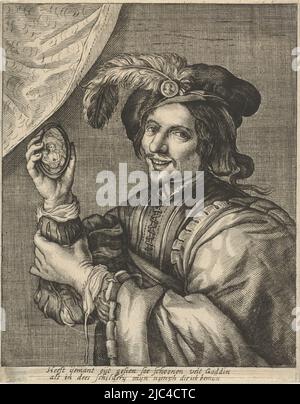 Young man wearing a hat with a feather on the head. In right hand he holds a miniature female portrait, Man holding miniature portrait, Theodor Matham, print maker: anonymous, Hendrick ter Brugghen, 1615 - 1726, paper, engraving, h 206 mm × w 163 mm Stock Photo