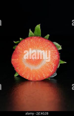 Halved strawberry (Fragaria), reflected in a slate, studio photograph with black background Stock Photo