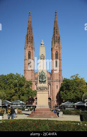 Luisenplatz with Waterloo War Memorial and St. Boniface Church in Wiesbaden, Hesse, Germany Stock Photo