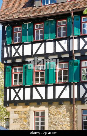 Town hall, building, half-timbering, window, shutters, Pfullingen, Baden-Wuerttemberg, Germany Stock Photo