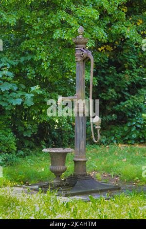 Old fountain with hand pump, water pump, park of the Villa Louis Laiblin, Laiblinspark, Pfullingen, Baden-Wuerttemberg, Germany Stock Photo