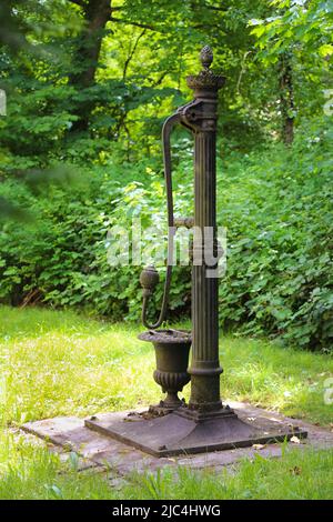 Old fountain with hand pump, water pump, park of the Villa Louis Laiblin, Laiblinspark, Pfullingen, Baden-Wuerttemberg, Germany Stock Photo