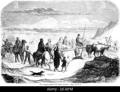 Exodus of Esau and his family, Esau, moving out, cart, team, cattle, many people, men, woman, children, dog, outdoor, landscape, mountains, wooden Stock Photo