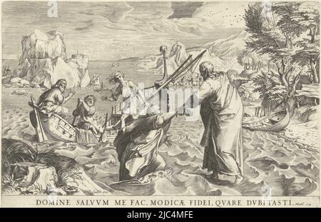 Christ walks across the water to a fishing boat with apostles, the waves carrying him. Peter runs to him, but sinks. Christ pulls him out of the water by the hand. The remaining apostles remain in the boat. Below the scene a Latin verse from Mat 14:30-31., Christ walks across the water and rescues Peter, Cornelis Cort, Girolamo Muziano, (attributed to), publisher: Sadeler, (mentioned on object), Rome, in or after 1568 - c. 1618, paper, engraving, h 181 mm × w 272 mm Stock Photo