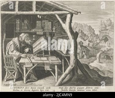 Saint Evagrius Ponticus as a hermit in a hut. He sits in front of his writing table reading a book. In the background other hermits., Evagrius Ponticus as a hermit Male hermits (series title) Solitudo Sive Vitae Patrum Eremicolarum (series title), print maker: Johann Sadeler (I), print maker: Raphaël Sadeler (I), intermediary draughtsman: Maerten de Vos, Antwerp, 1583 - 1588, paper, engraving, h 175 mm × w 209 mm Stock Photo