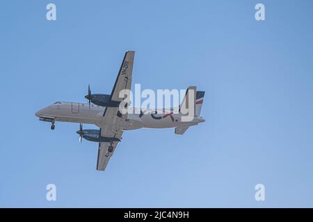 10 June 2022. A Regional Express Airlines (REX) Saab 340B commuter aircraft VH-RXN on approach to Adelaide International Airport, Adelaide, Australia Stock Photo