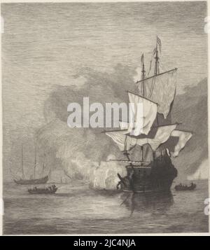 The cannon shot. A warship in a lull with slack sails discharges a cannon shot. On either side two sloops, in the distance another warship, with sails lowered., The Cannon Shot, print maker: Willem Steelink (I), (mentioned on object), after: Willem van de Velde (II), 1866 - 1928, paper, etching, h 192 mm × w 161 mm Stock Photo