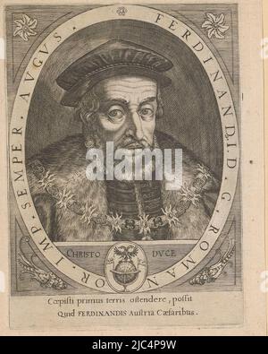 Two-headed eagle on a globe below the portrait. With caption in Latin, Portrait of Ferdinand I Ferdinandi I. II. III. IV. (series title), print maker: Johann Caspar Dooms, Franciscus de Bruyn, Praag, 1650, paper, engraving, h 164 mm - w 119 mm Stock Photo