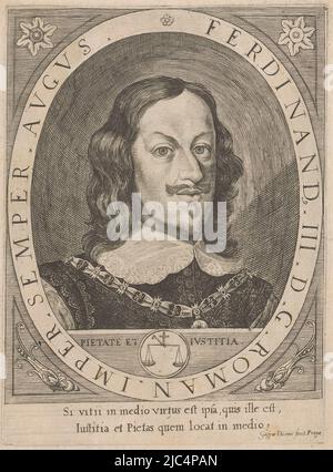 A scale with cross under the portrait. With caption in Latin, Portrait of Ferdinand III Ferdinandi I. II. III. IV. (series title), print maker: Johann Caspar Dooms, (mentioned on object), Franciscus de Bruyn, Praag, 1650, paper, engraving, h 162 mm - w 118 mm Stock Photo