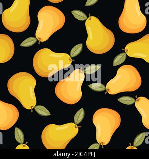 Seamless pattern with pear on black background. Natural delicious fresh ripe tasty fruit. Vector illustration for print, fabric, textile, banner Stock Vector