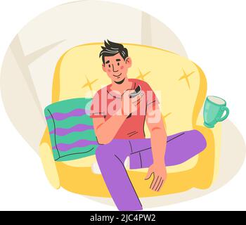 Man sitting in armchair, with remote controller watching movie at home, flat vector illustration isolated on white background. Concept of entertainmen Stock Vector