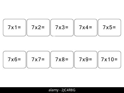 Multiplication and division table of 7. Maths card with an example, drawing. Multiplication Square, vector illustration. Printed products, banner Stock Vector