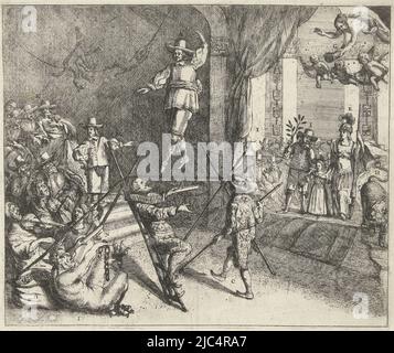 Cartoon of Oliver Cromwell and England at the time of the First English War. Cromwell as a tightrope walker held up by Fairfax and a courtier. On the left, the English look on. Among them are a devil, some musicians and Master Pieter Cornel (probably the preacher Hugh Peters). In the background, two monkeys swing. On the right the young Prince William III standing between a Dutchman with peace branch and Pallas, on the right the Dutch Lion, in the background the members of the States. In the air the Fame. The print is accompanied by a text sheet, Cromwell as a Tightrope Dancer, 1652 Den Stock Photo