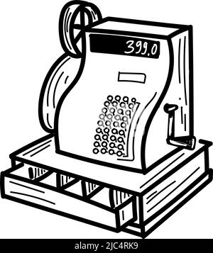 An old cash register, a hand-drawn sketch-style doodle. Vintage. Customer report, receipts. Report for stores. Profit calculation Stock Vector