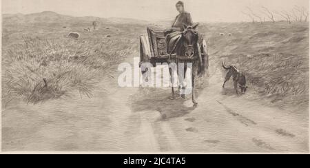 On a road in a hilly landscape drives a horse-drawn cart. On the wagon sits a man, next to the wagon walks a dog., Landscape with Horse Cart, print maker: Elias Stark, ter Meulen, (mentioned on object), Netherlands, 1859 - 1891, paper, etching, h 278 mm × w 455 mm Stock Photo