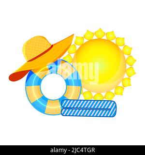 Summer vacation concept.Holiday items set.Sun, hat, bonnet, towel and inflatable swim ring for resort seashore.Relax, rest or summertime design.Vector Stock Vector