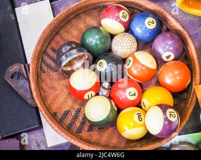Old different Billiard balls or pool balls for sale at a flea market in the old city of Jaffa Stock Photo