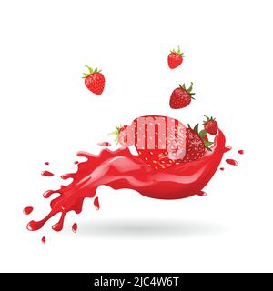 Realistic 3d strawberry in red splash. Stock Vector