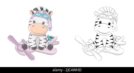 Cute Zebra Clipart Illustration and Black and White. Funny Clip Art Zebra Pilot on a Plane. Vector Illustration of an Animal for Coloring Pages Stock Vector