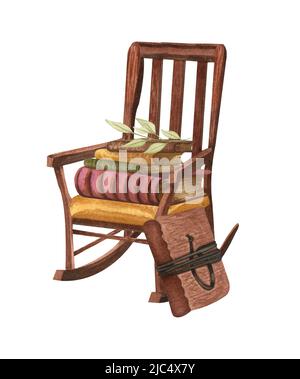 Vintage illustration isolated on white. Hand Drawn watercolor composition books, letter, rocking chair. Old objects. Reader Stock Photo