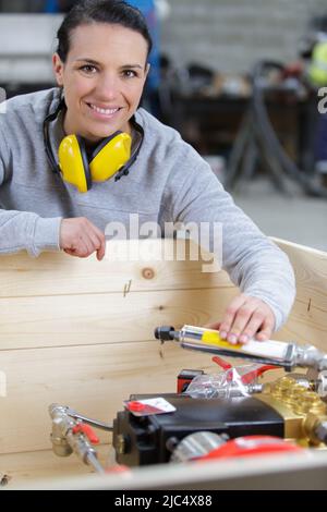 woman in professional training wood industry Stock Photo