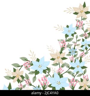 Decorative floral frame with blue and pink flowers, leaves and branches. Vector illustration Stock Vector