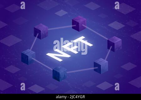 NFT with blockchain blocks in isometric hexagonal position with grid nodes and squares in the background representing the execution of transactions co Stock Photo