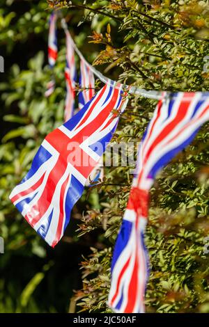 Union jack bunting in a garden Stock Photo