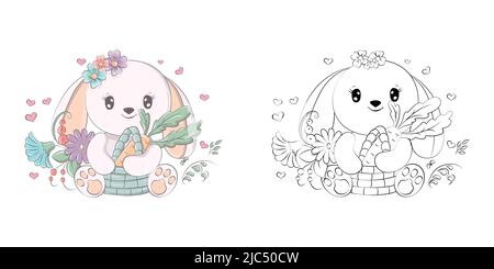 Rabbit Clipart Multicolored and Black and White. Beautiful Clip Art Rabbit with a Basket of Carrots. Vector Illustration of an Animal for Prints for Stock Vector