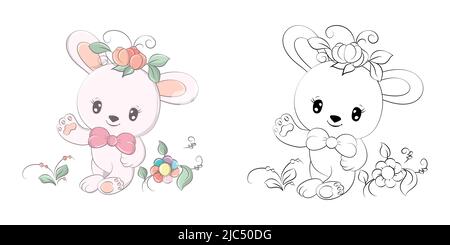Cute Bunny Clipart for Coloring Page and Illustration. Happy Clip Art Bunny with Flowers on his Head. Vector Illustration of an Animal for Stickers Stock Vector