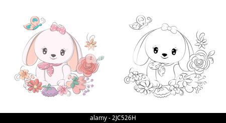 Cute Clipart Rabbit Illustration and For Coloring Page. Cartoon Clip Art Rabbit Surrounded by Flowers. Vector Illustration of an Animal for Stickers Stock Vector